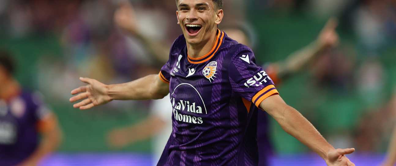 PERTH, AUSTRALIA – JANUARY 11: Jaylen Pearman of Perth Glory  scores during the round 13 A-League Men match between Perth Glory and Auckland FC at HBF Park, on January 11, 2025, in Perth, Australia. (Photo by Janelle St Pierre/Getty Images)