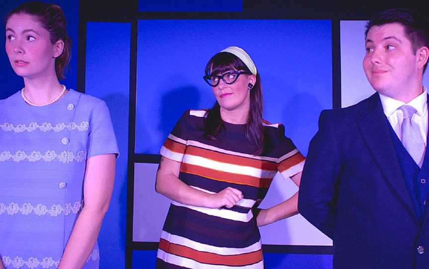 Oniesha Ludlow, left, Isabella Bourgalt and Jason Nettle are appearing in How to Succeed in Business Without Really Trying as part of Roleystone Theatre’s grand re-opening.