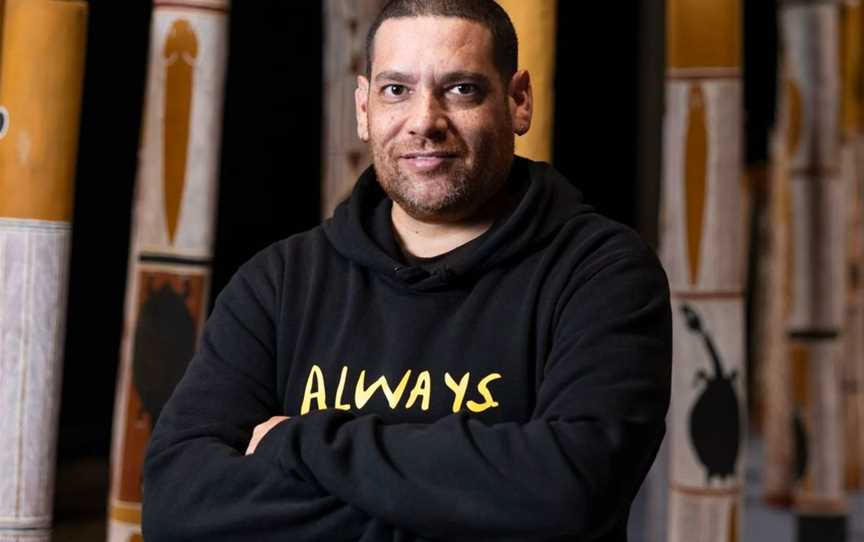 Tony Albert (Girramay/Yidinji/Kuku-Yalanji peoples) in The Aboriginal Memorial, 1987–88, National Gallery of Australia, Kamberri/Canberra.