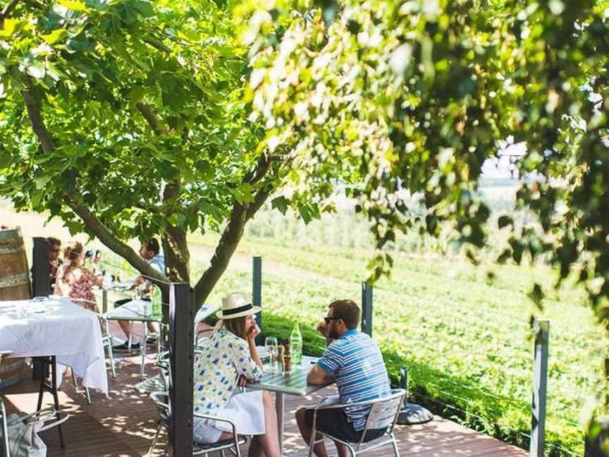 Diners enjoy the view overlooking the Pinot Noir grapes at Sisters Rock Restaurant, Borrodell Estate