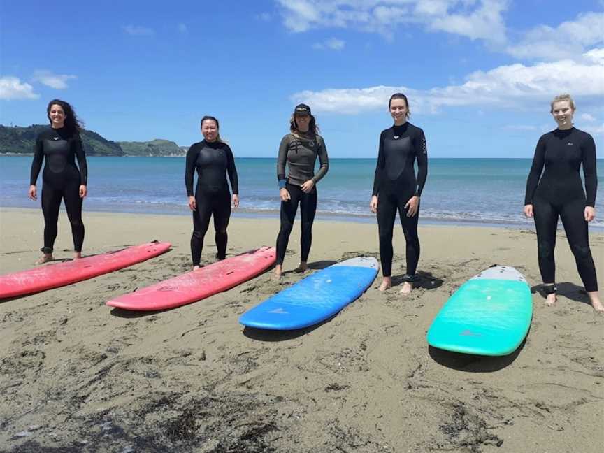 Surfing with Sarah Gisborne Surf Lessons, Awapuni, New Zealand